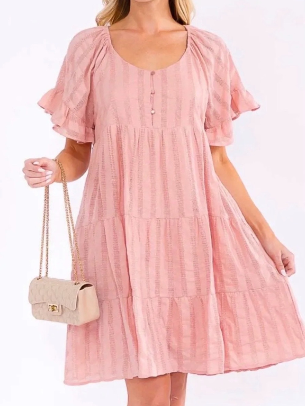 NWOT Soft Pink Tiered Babydoll Mini Dress with Flutter Sleeves and Pockets lined